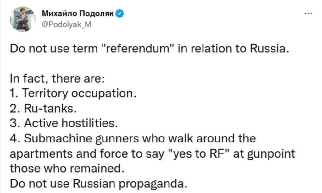 Подоляк: Не вживайте слово “референдум” — є окупація територій та російські танки