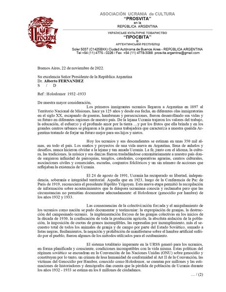 Українці Аргентини закликали Президента Республіки визнати Голодомор геноцидом українського народу